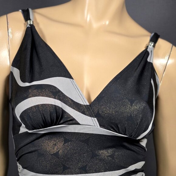 Y2K McBling Black Gray Tank Top Gold Glitter Swirl Print Size M Ruched V Neck - Picture 2 of 8